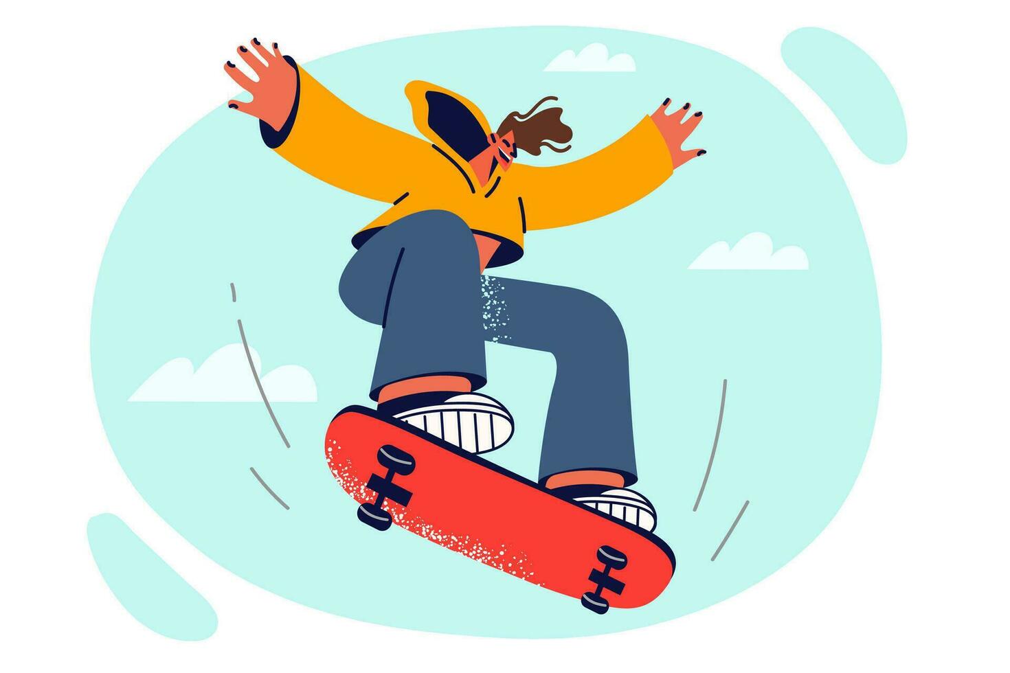 Man with skateboard jumps up doing trick on sports ground, enjoys adrenaline rush from riding board. Energetic guy with skateboard, for concept of active lifestyle and hobby for teenagers vector