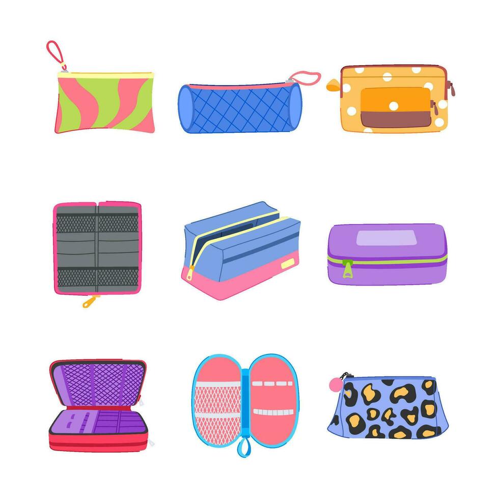 pencil case set cartoon vector illustration