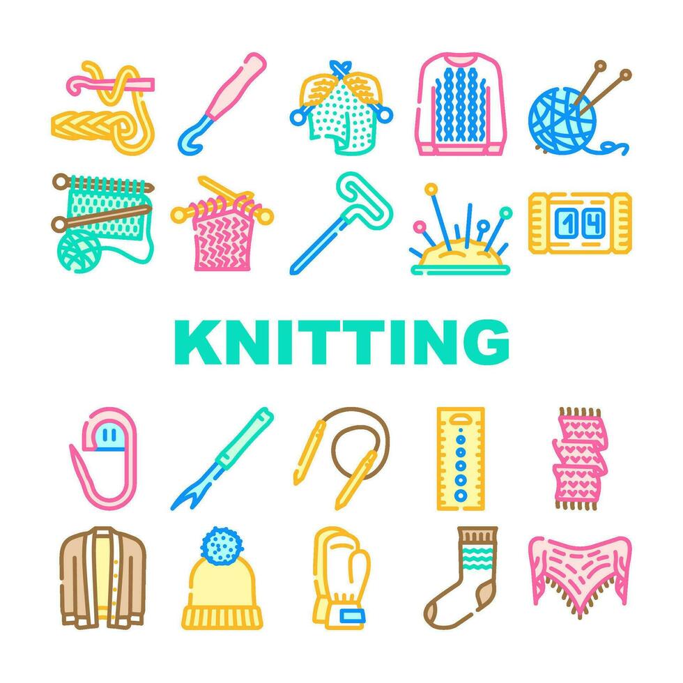 knitting wool textile knit icons set vector