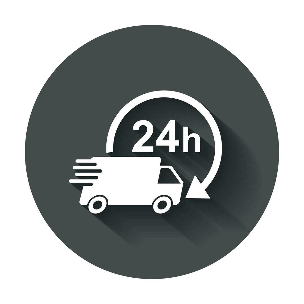 Delivery truck 24h vector illustration. 24 hours fast delivery service shipping icon. Simple flat pictogram for business, marketing or mobile app internet concept with long shadow.