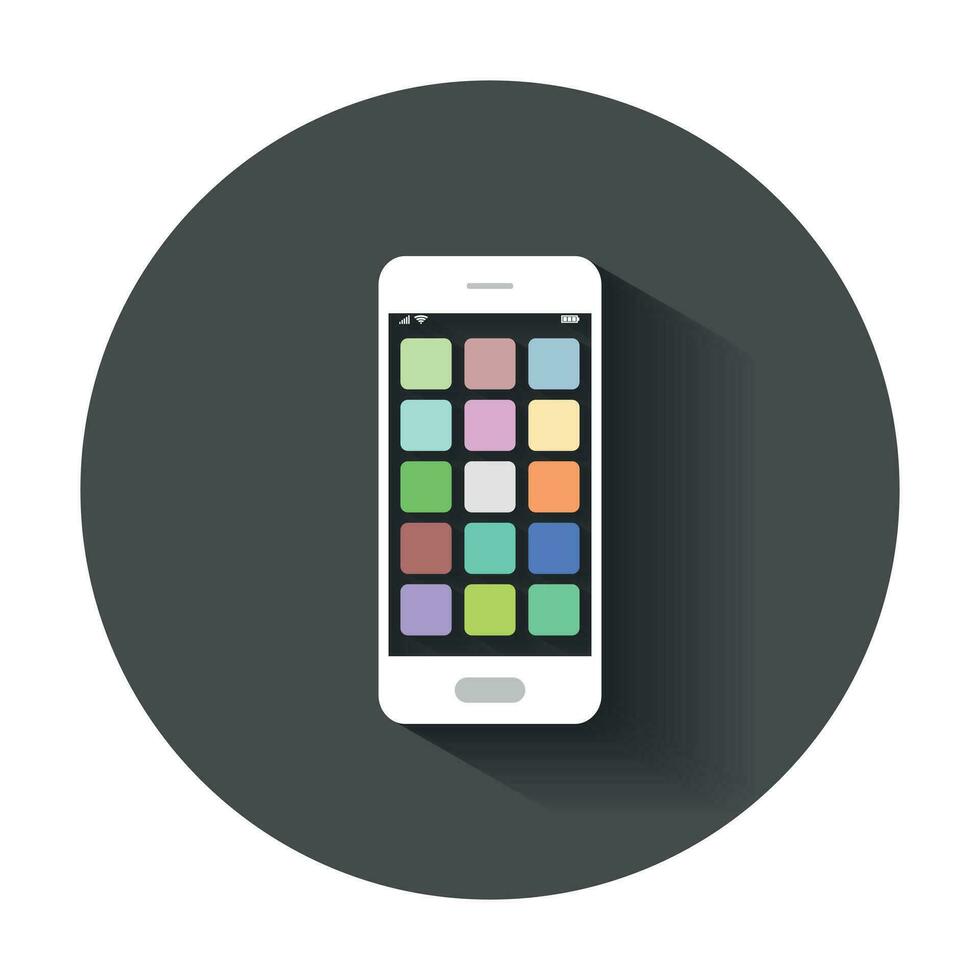 Smartphone icon with app. Phone vector illustration with long shadow.