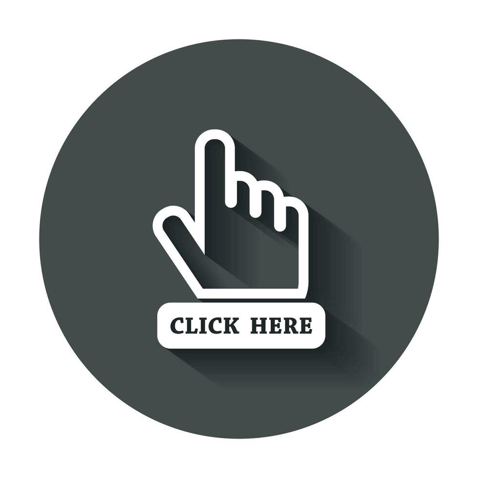 Click here icon. Hand cursor signs. Black button flat vector illustration with long shadow.