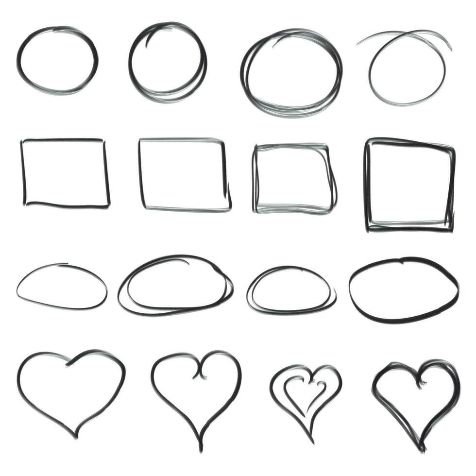 Hand drawn circles, squares and hearts icon set. Collection of pencil sketch symbols. Vector illustration on white background.