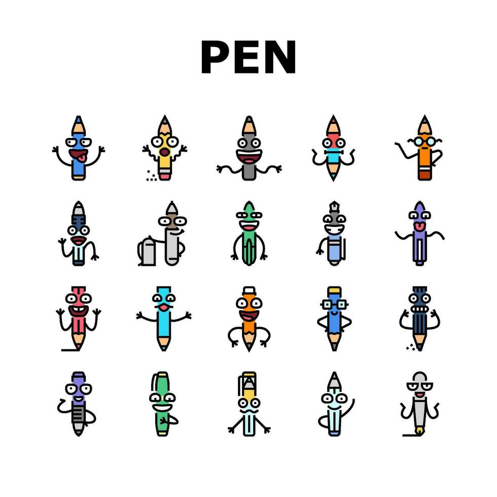 bolígrafo personaje lápiz colegio íconos conjunto vector