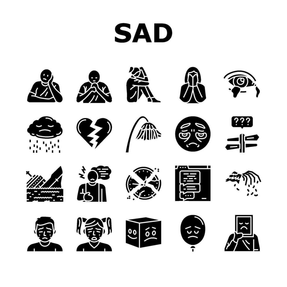 sad mood emotion face icons set vector