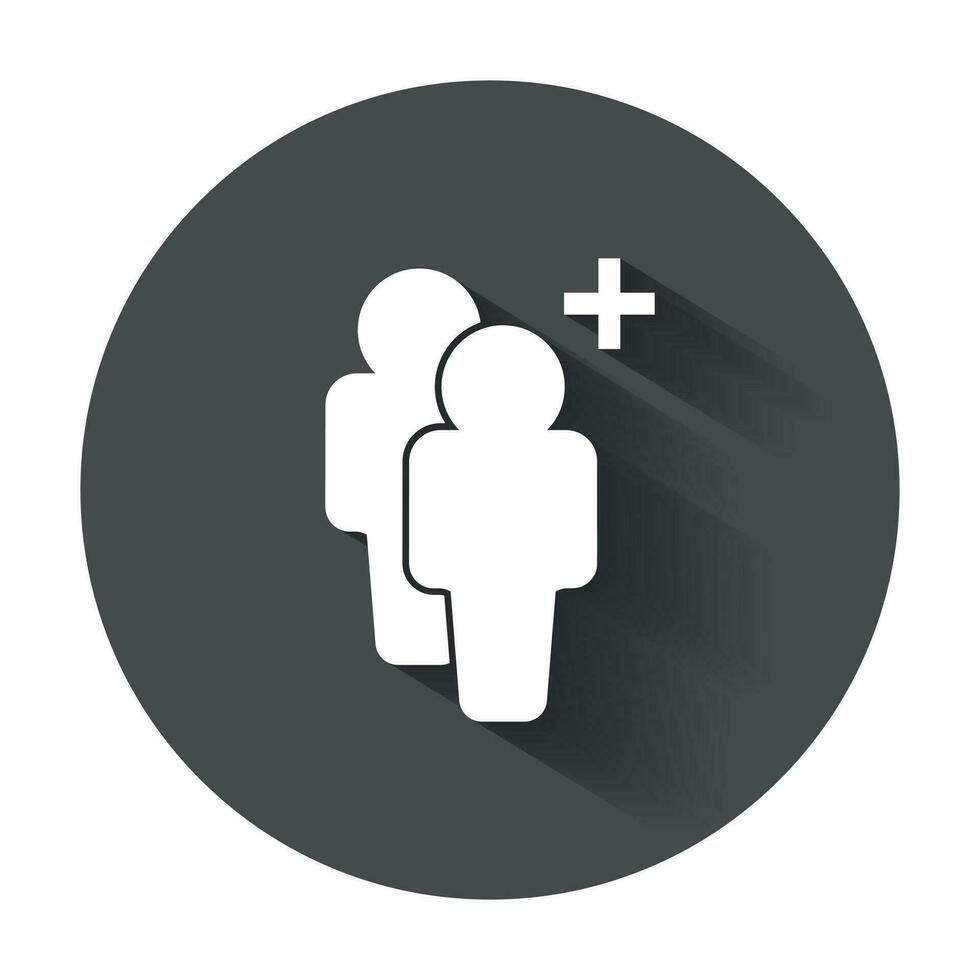 People icon with plus glyph. Flat people vector illustration with long shadow.