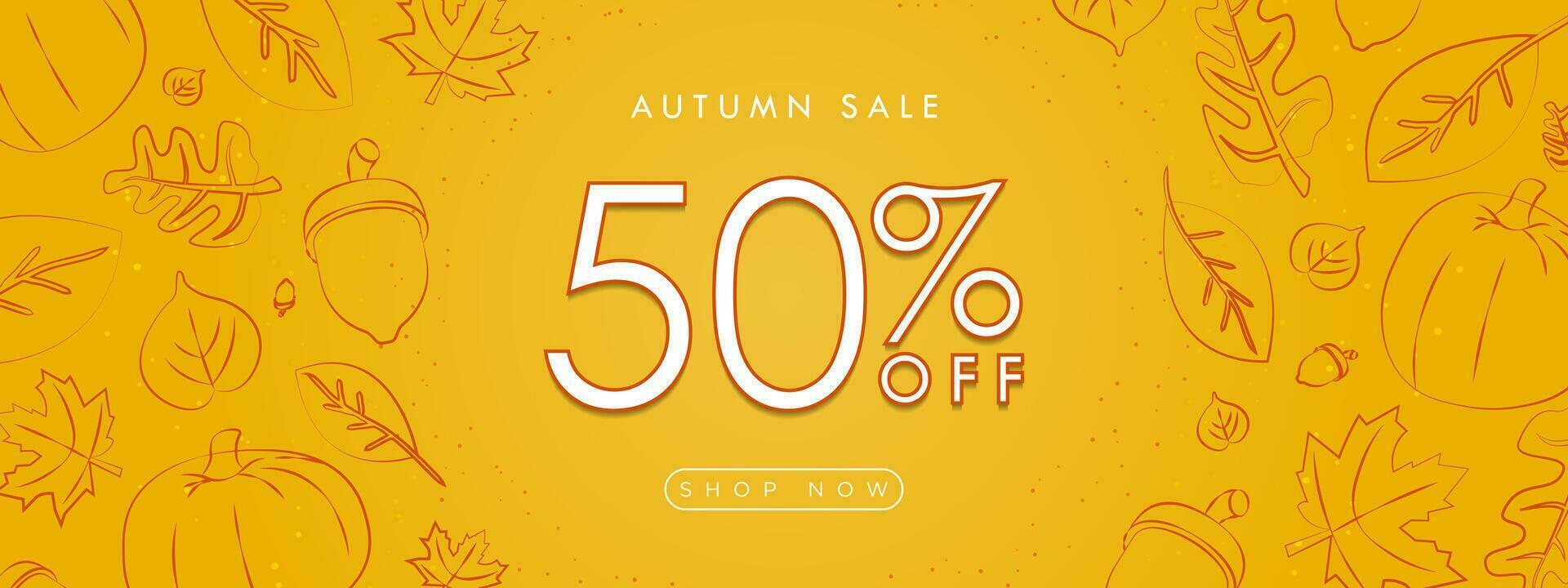 Autumn Sale Up to 50 percent off Banner with Shop Now. Hand drawn autumn elements such as leaves, maple, acorn, and pumpkin. Editable Vector Illustration.