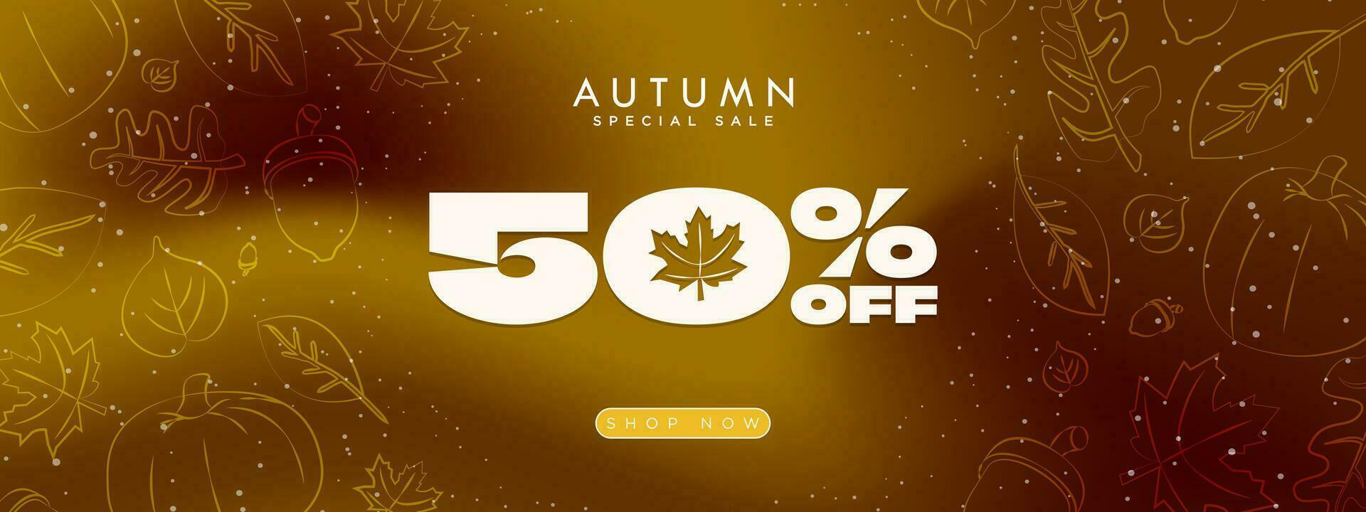 Luxurious Autumn Sale Banner on orange gradient background in fall colors and framed with hand drawn autumn elements, leaves, maple, acorn, pumpkin. Up to 50 off. Vector Illustration. EPS 10