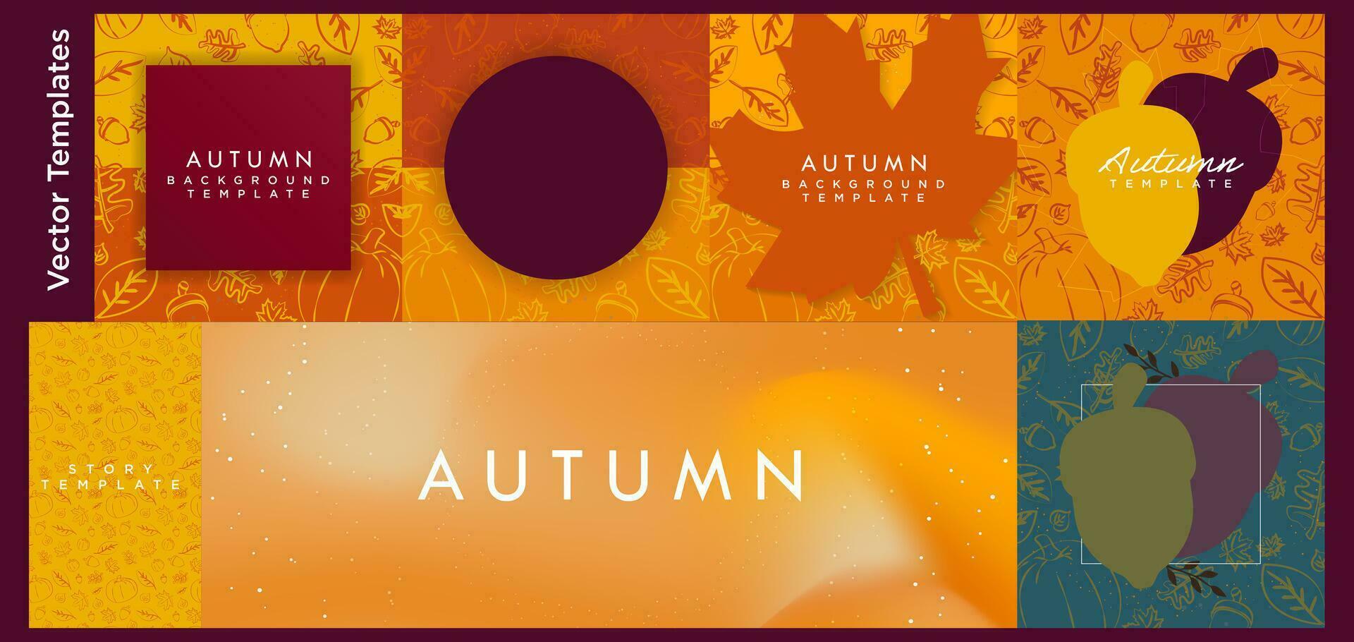 Set of Autumn-themed Templates for posters, backgrounds, covers, social media post, story, flyers, layouts. Hand drawn autumn elements. Liquid Gradient banner. Editable Vector. EPS 10. vector