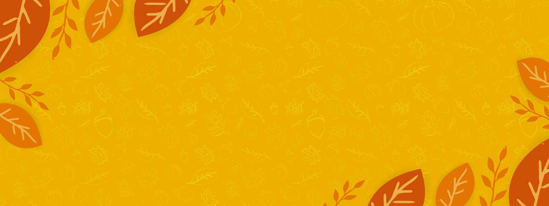 Autumn Season Banner with with frame of leaves and hand-drawn autumn elements on orange background. Vector Illustration. EPS 10.