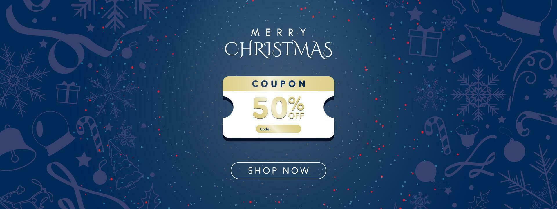 Christmas Gold 50 off Coupon Icon with copyspace for code and shop now CTA button on blue gradient background with soft blue christmas designs. Snowflakes, candy cane, snow, ribbons. Vector. vector