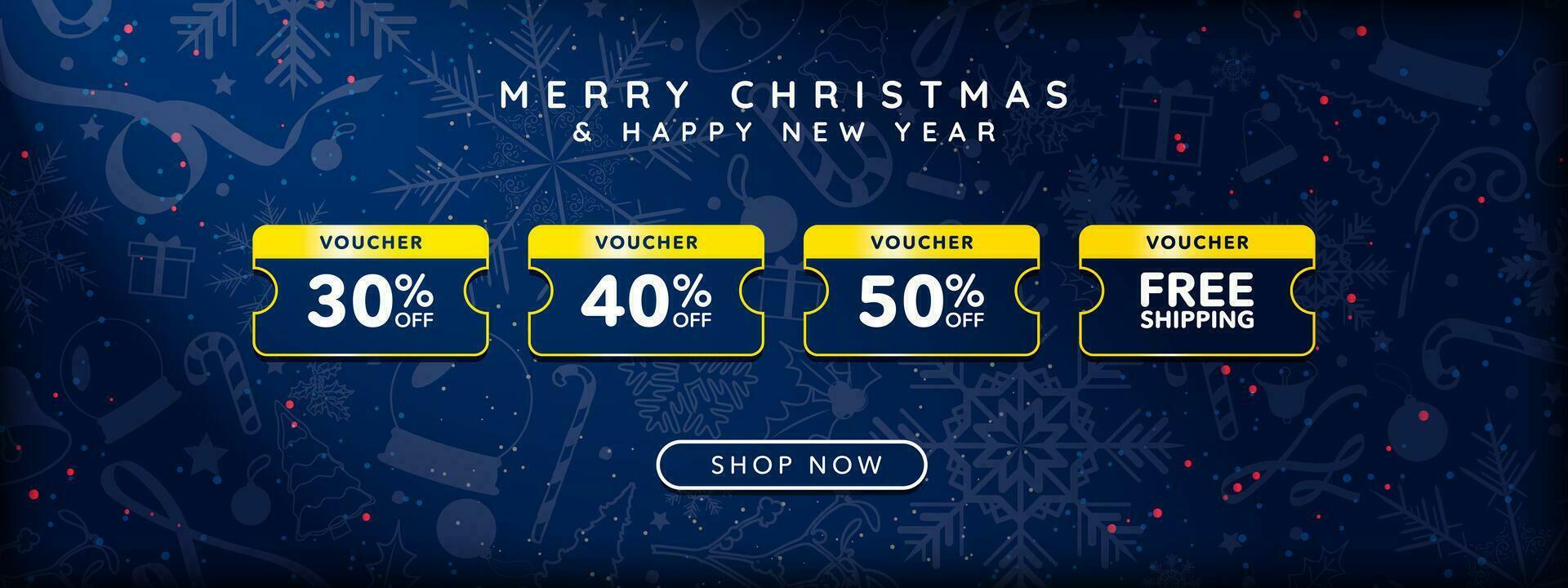 Gold and Blue Online Christmas Voucher on decorative christmas banner with shop now CTA button. Bundle of online coupons with price discount and free shipping delivery. Vector Illustration. EPS 10