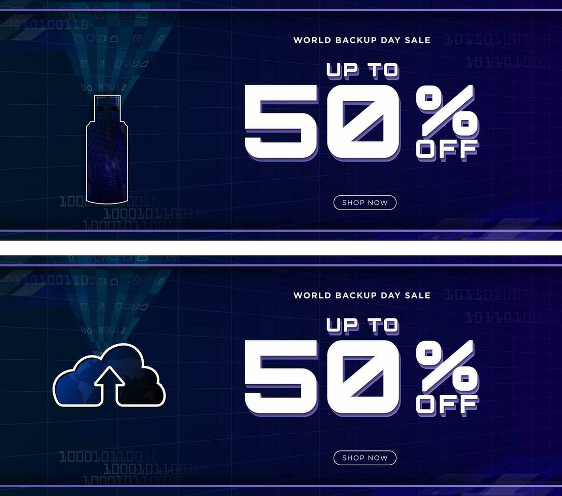 World Backup Day Sales Banner with up to 50 off and shop now Button. Cloud storage and USB Icons. Perfect for gadgets and digital service promo and discounts. Vector Illustration. EPS 10.