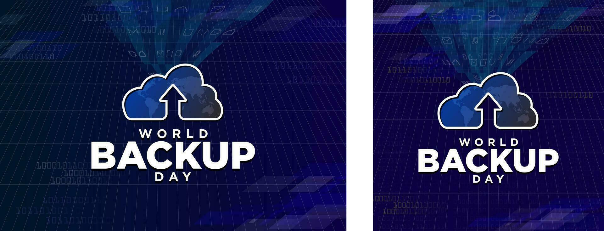 World Backup Day Greeting Card and Banner. Cloud Storage Icon with stream of files being uploaded online for backup storage. Horizontal banner and square card. Editable Vector Illustration. EPS 10