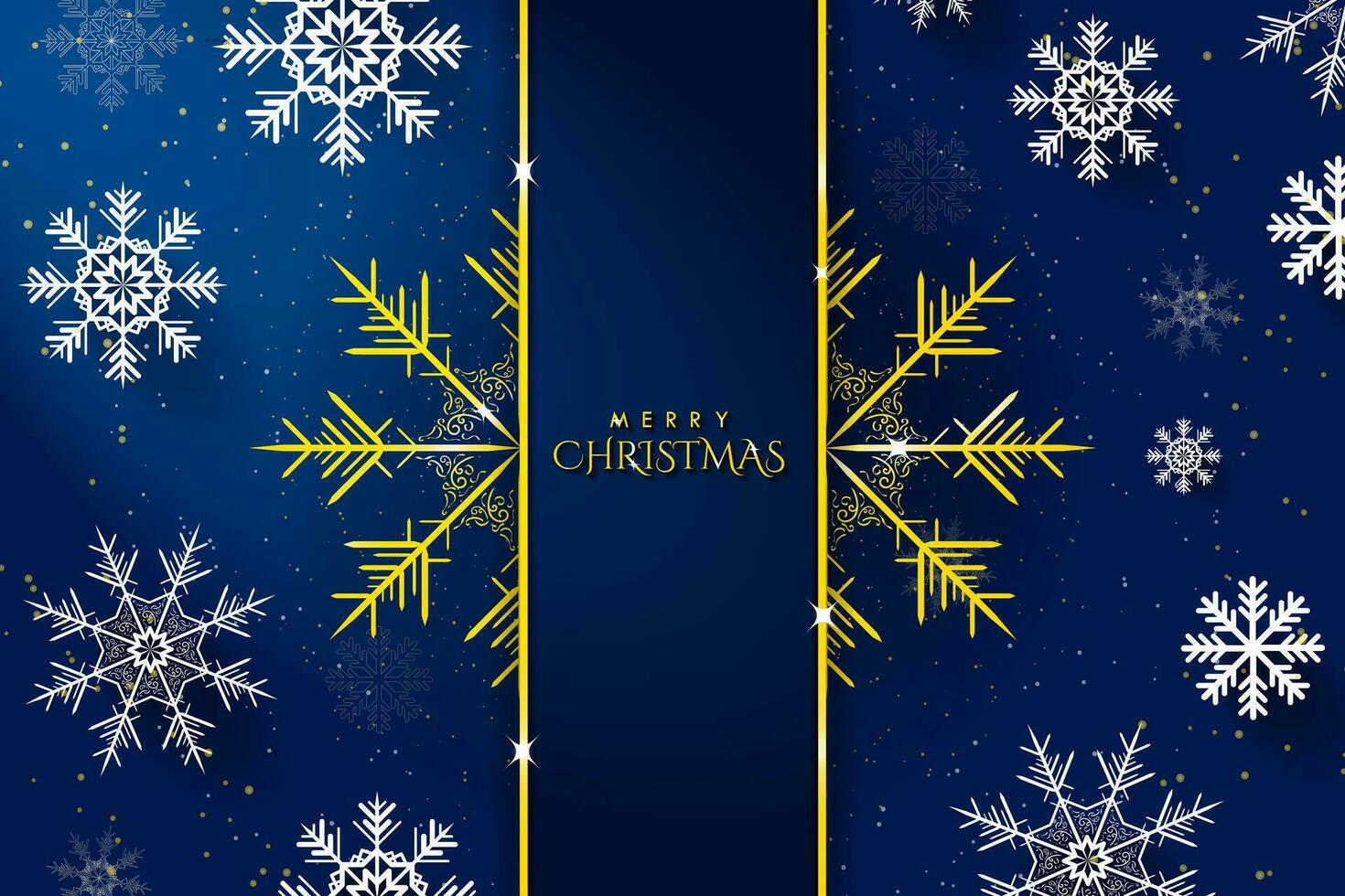 Elegant Gold and Blue Merry Christmas Greeting Banner with gold and white snowflakes. Big gold snowflake with sparkles. Vector Illustration. EPS 10.