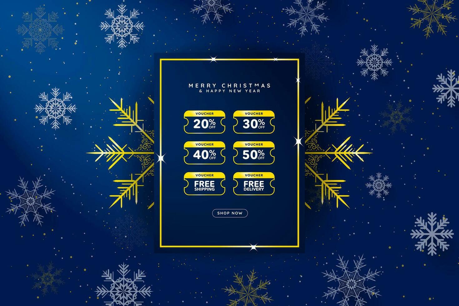 Gold and Blue online Christmas Voucher giveaway banner on decorative christmas background with shop now CTA button. Bundle of online coupons with price discount and free shipping delivery. Vector, vector