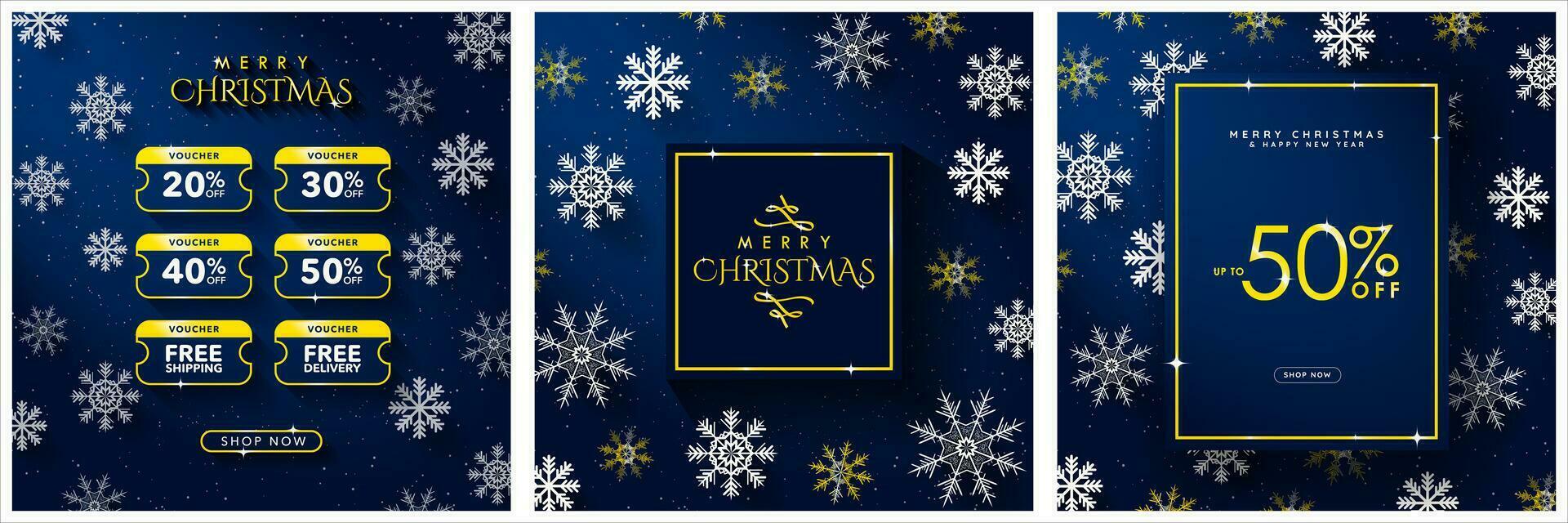 Set of Gold and Blue Christmas Advertising Poster Templates. Gold Merry Christmas Typography on blue background with 3d snowflakes. Golden price discount and free delivery vouchers. Vector. vector