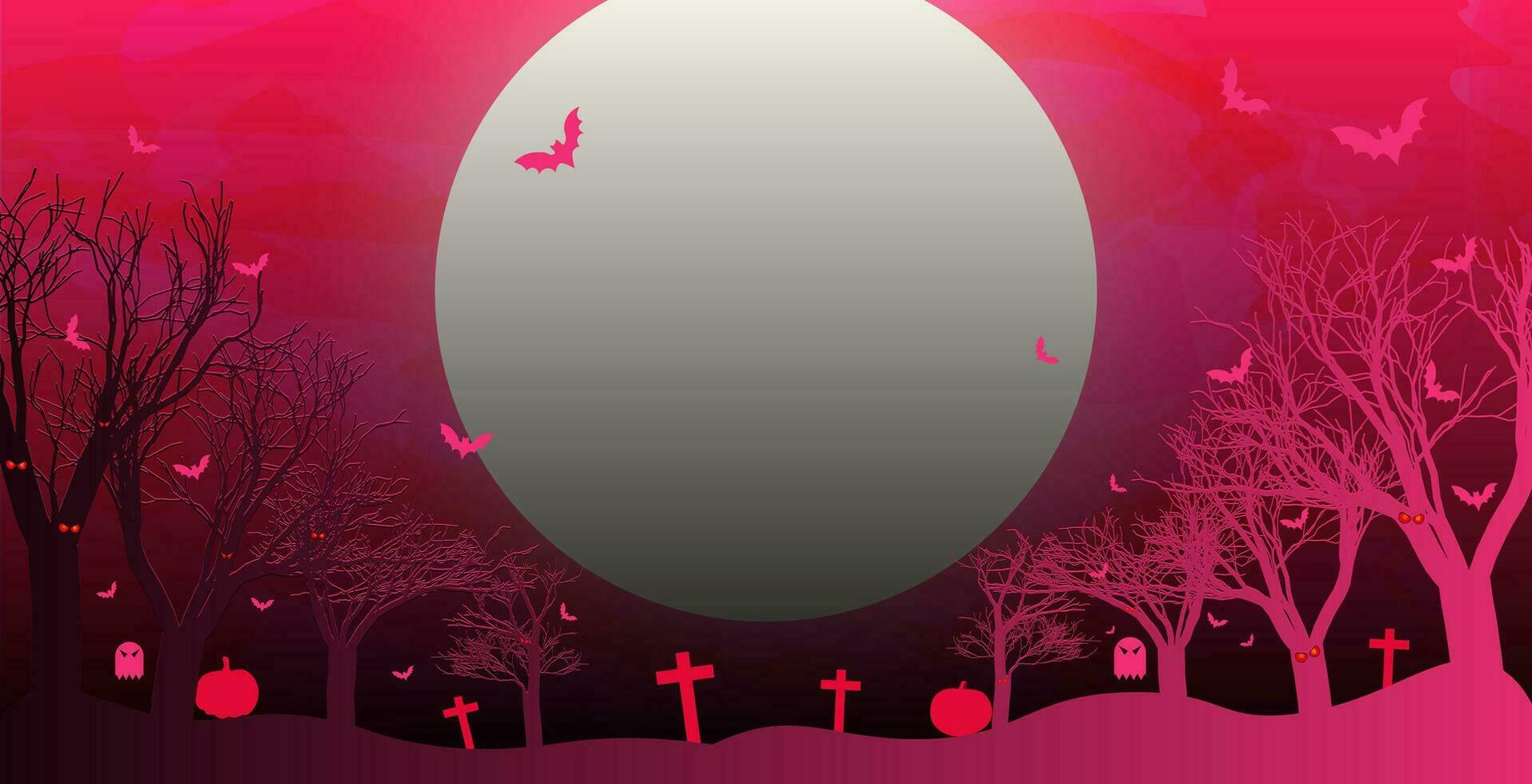 Giant Full Moon in dark night sky above haunted Cemetery Background wallpaper with zombies, flying bats, jack-o-lantern, and ghosts. Creative Halloween horizontal design template. Editable Vector Art.