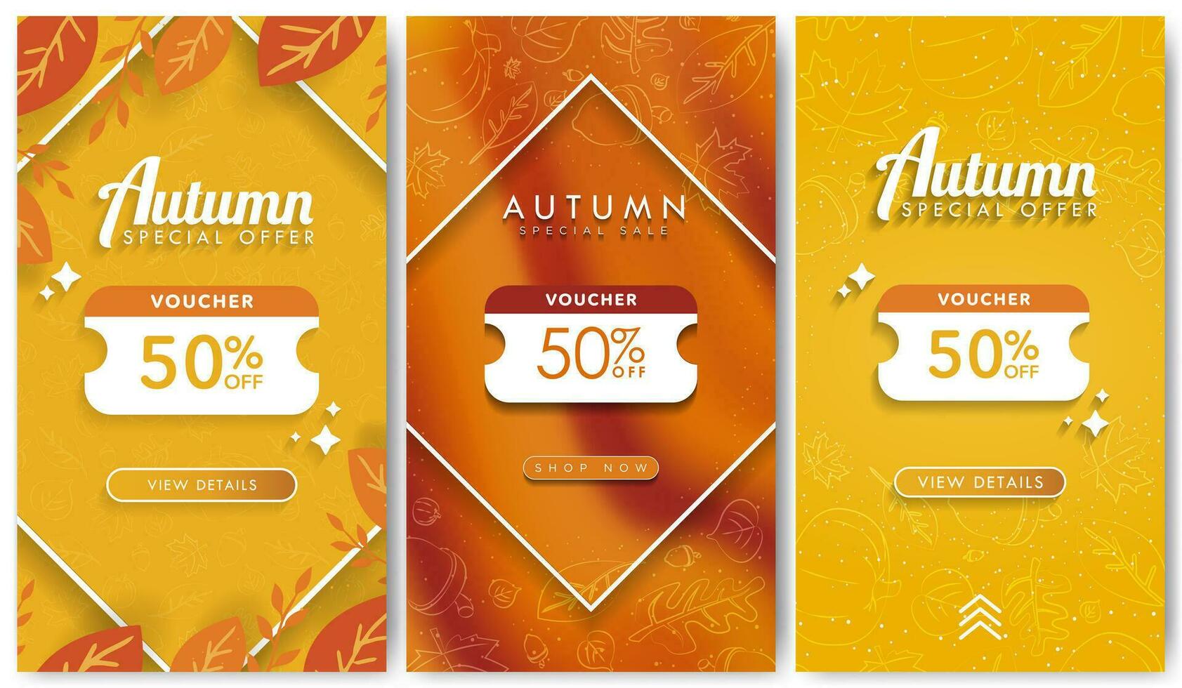 conjunto de otoño vale vertical póster plantillas. otoño especial rebaja 50 apagado cupones en naranja degradado antecedentes con dibujado a mano otoño elementos, social medios de comunicación historia modelo diseños vector. vector