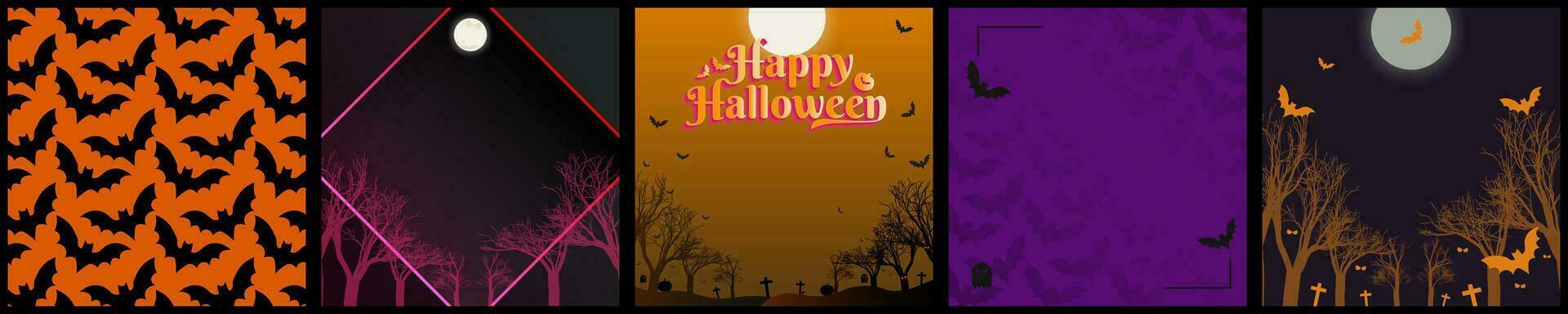 5 Vector Set of Halloween Themed Backgrounds. Bat Patterned Background, dark forest with group of flying bats and full moon in the sky. Halloween square card poster template designs. EPS 10.
