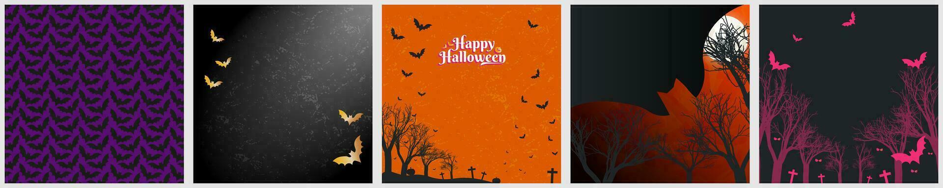 5 Vector Set of Halloween Themed Backgrounds. Bat Patterned Background, dark forest with group of flying bats and full moon in the sky. Halloween square card poster template designs. EPS 10.