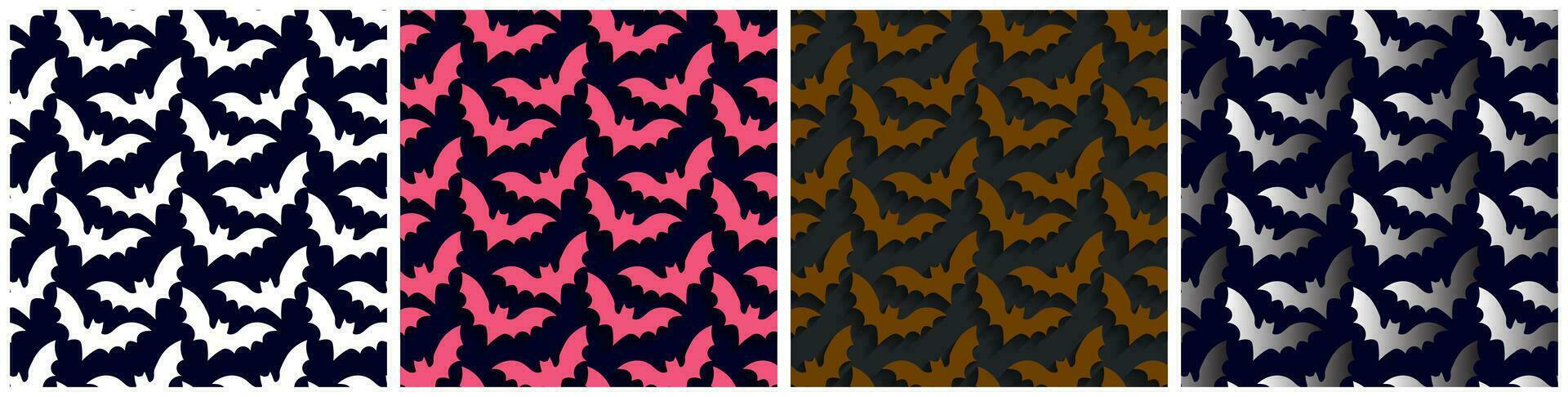 Set of 4 Seamless pattern of pop up flying bat silhouettes with shadows for perspective on dark backgrounds. Pattern of 3d Flying bats. Colorful Halloween pattern collection. Vector Illustration.