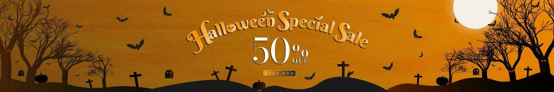 Orange Gradient Halloween Sale Header Template. Scary Halloween Background template with dark forest, cemetery, and flying bats. Halloween Special Sale Banner with 50 discount and shop now. Vector. vector