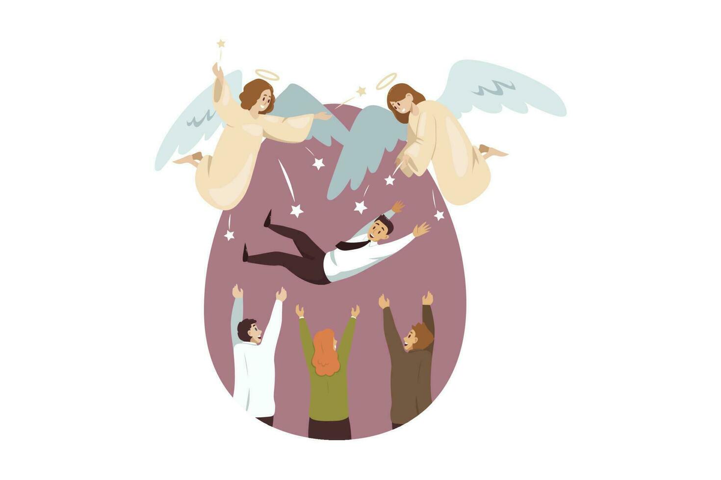 Christianity, bible, religion, celebration, business, success concept. Angels biblicalcharacters rejoicing for team of businessmen women managers celebrating victory. Divine support goal achievement. vector