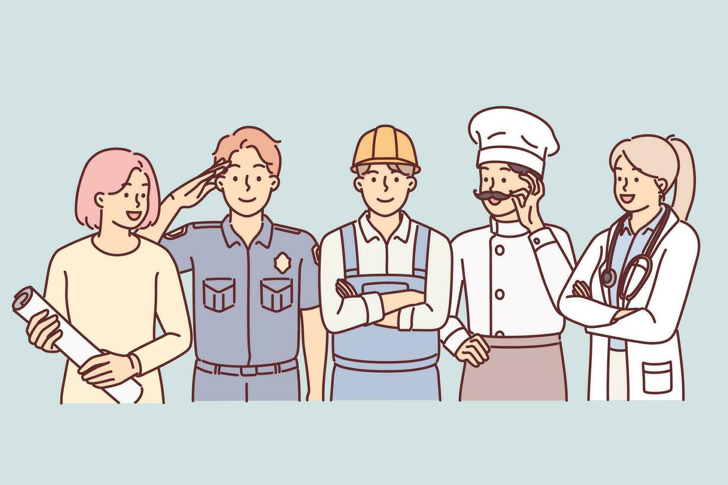 People of different professions stand together next to service uniforms for labor day banner. Successful cook with doctor near young policeman and builder offer to celebrate labor day vector