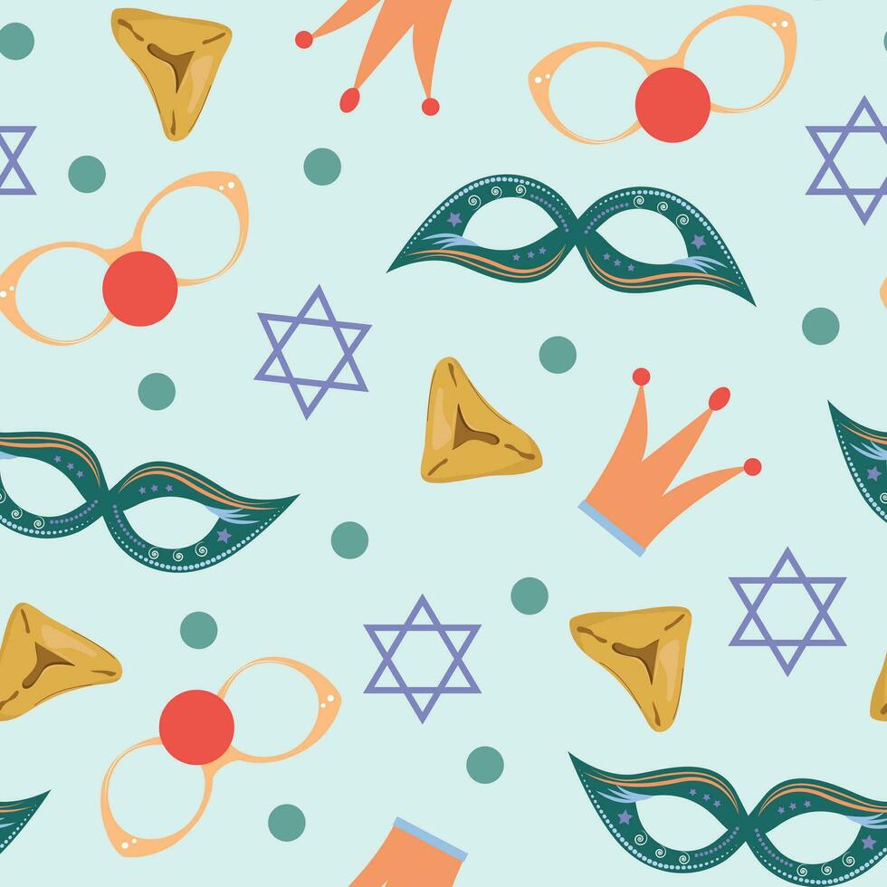 Purim seamless pattern with masks, glasses, Star of David and purim cookies on blue background. vector