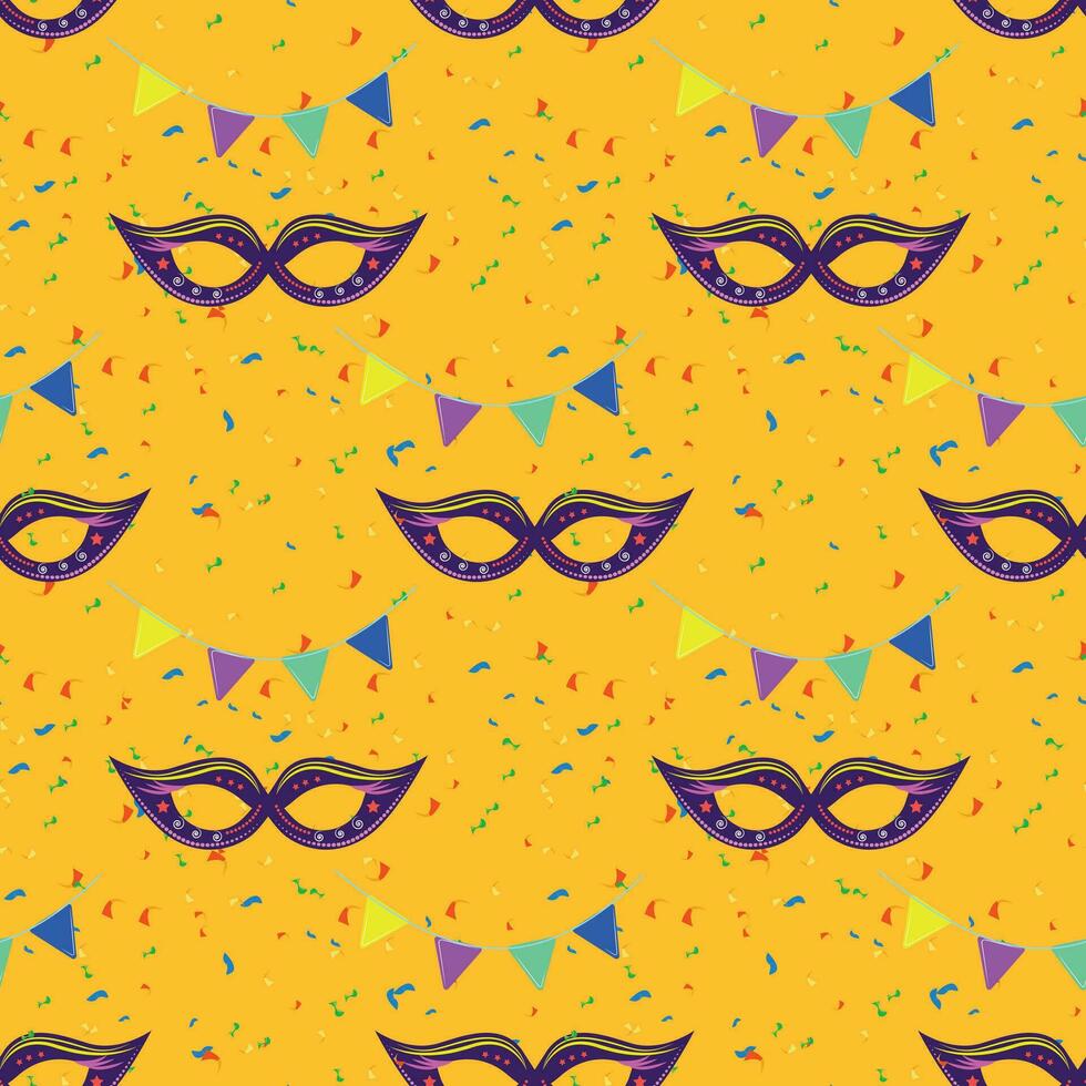 Purim masks seamless pattern with confetti. For textile, wrapping paper, paper, posters, cards design. vector