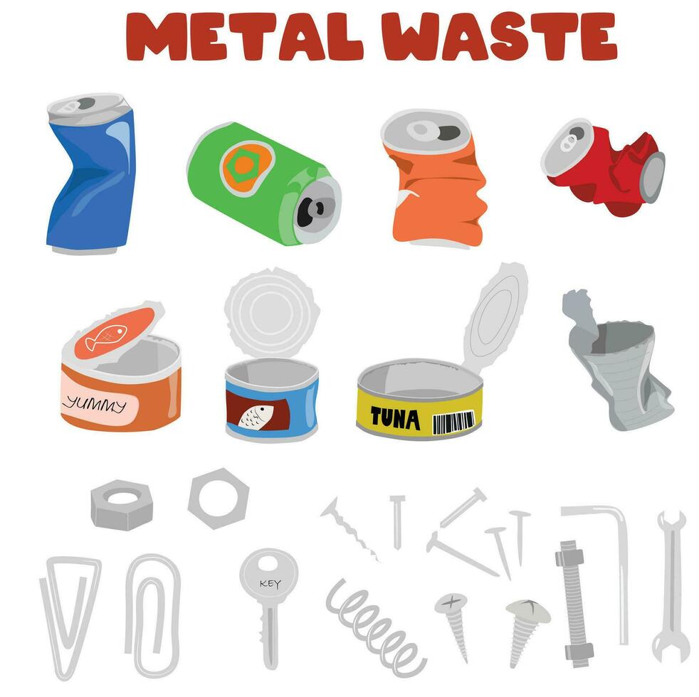 Metal waste vector set. Recycled garbage vector set. tin, can. Nail, bolt, clip, spring, screw. Repair tool. Aluminum waste. Sorting and recycling garbage. Flat vector isolated on white background.