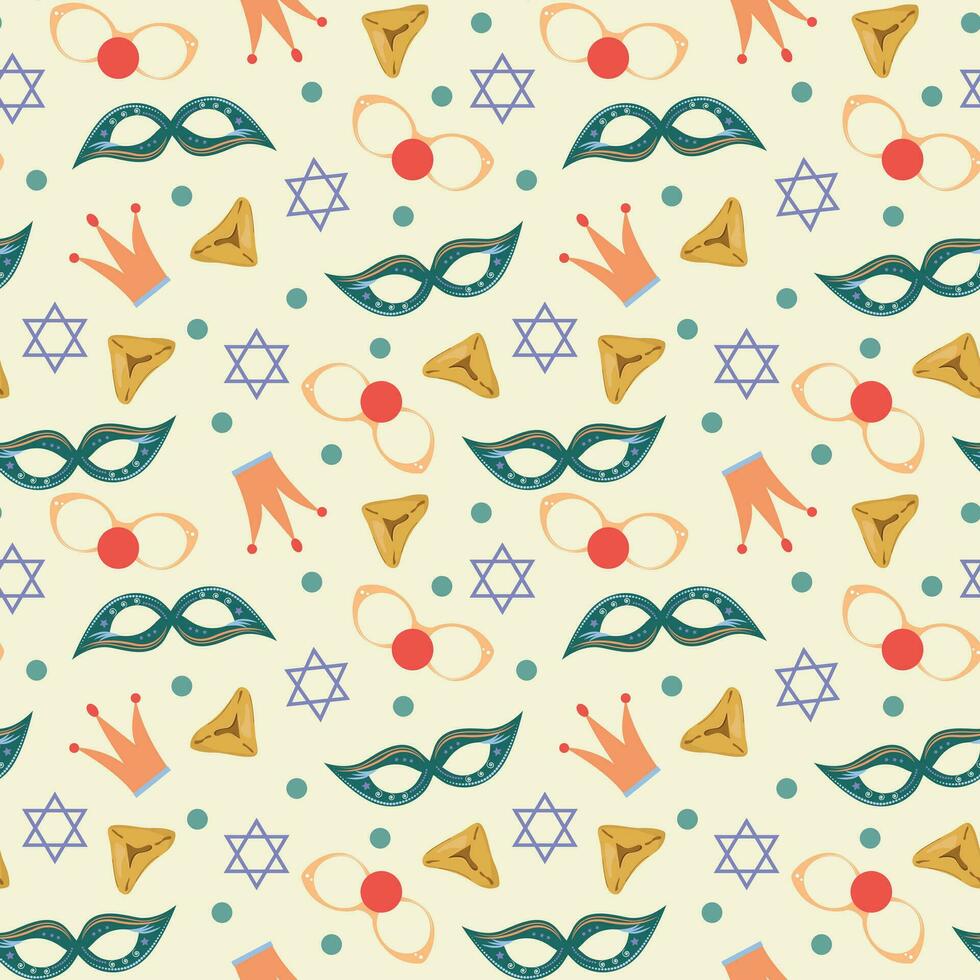 Festive seamless pattern with purim elements on yellow background. Jewish culture concept. vector