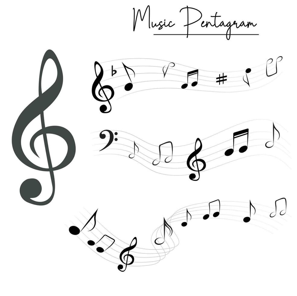 Music notes flat vector set isolated on black and white background. Song, melody or tune vector illustration. Music note icon for musical apps and websites. Music symbol. Music pentagram.