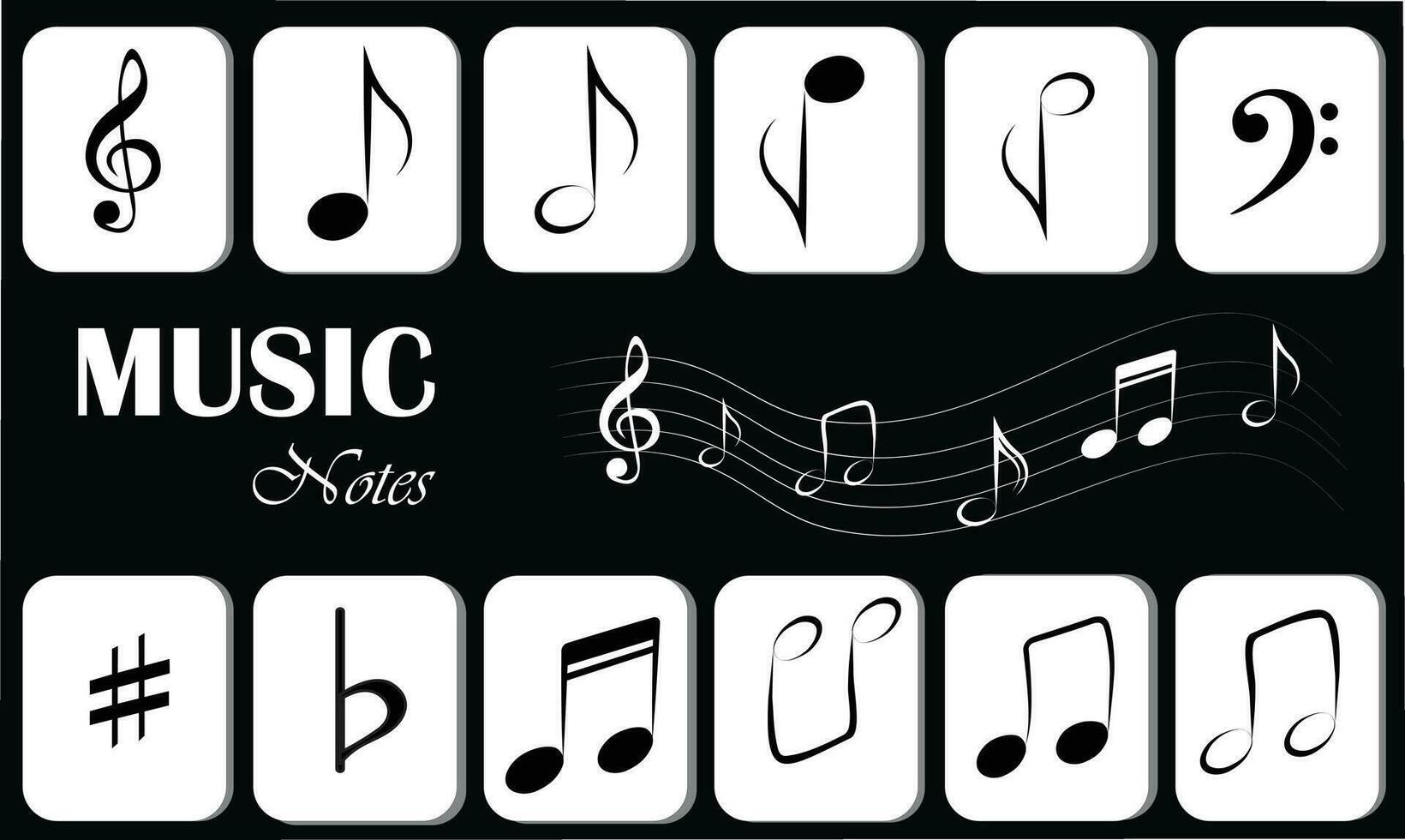 Music notes flat vector set isolated on black and white background. Song, melody or tune vector illustration. Music note icon for musical apps and websites. Music symbol. Music pentagram.