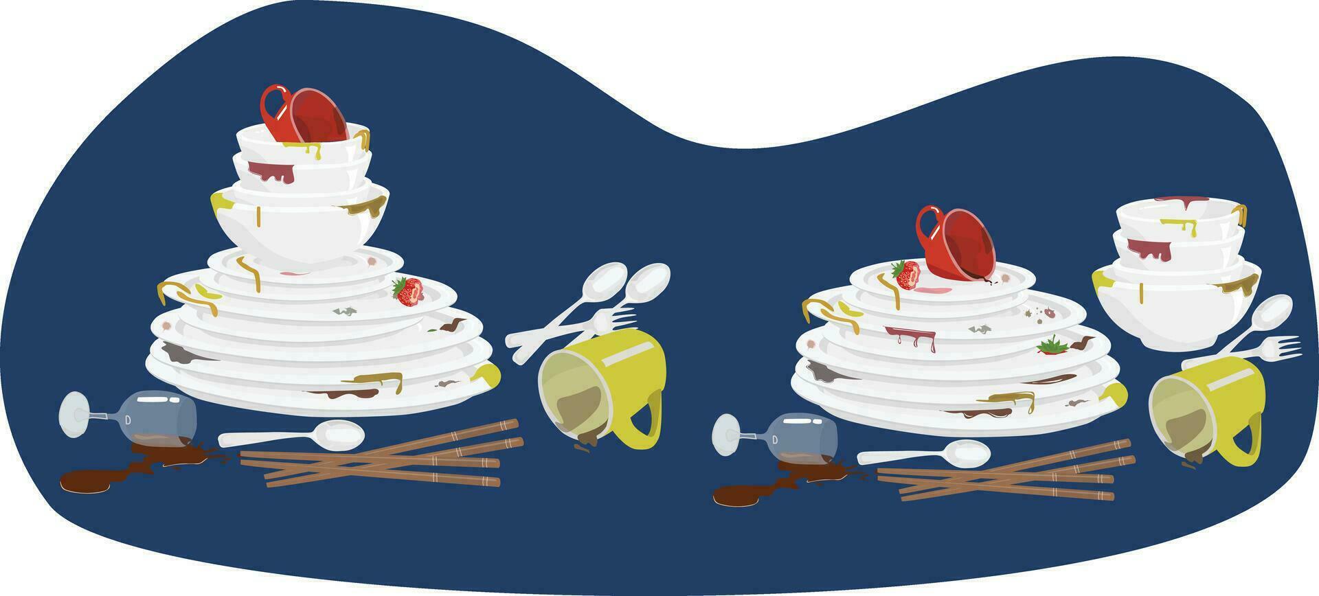 Stack of dirty dishes on wood table. Pile of unwashed dishes with food stain. White kitchen household before being washed. Detergent label design template. Flat vector  in cartoon style. Crockery set.