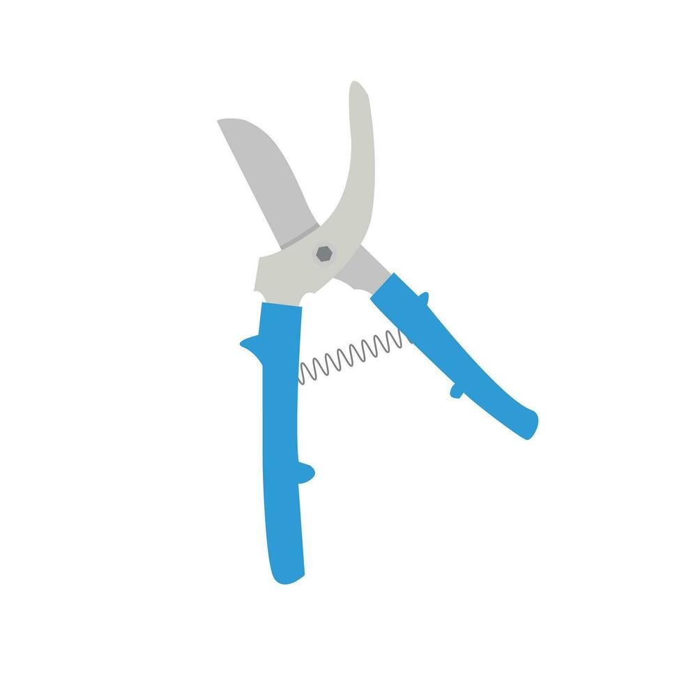 Garden secateur vector illustration. Blue pruning shears, garden hand pruners, pruning scissors, garden scissors. Gardening concept. Hand holding secateurs to cut twigs and branches.