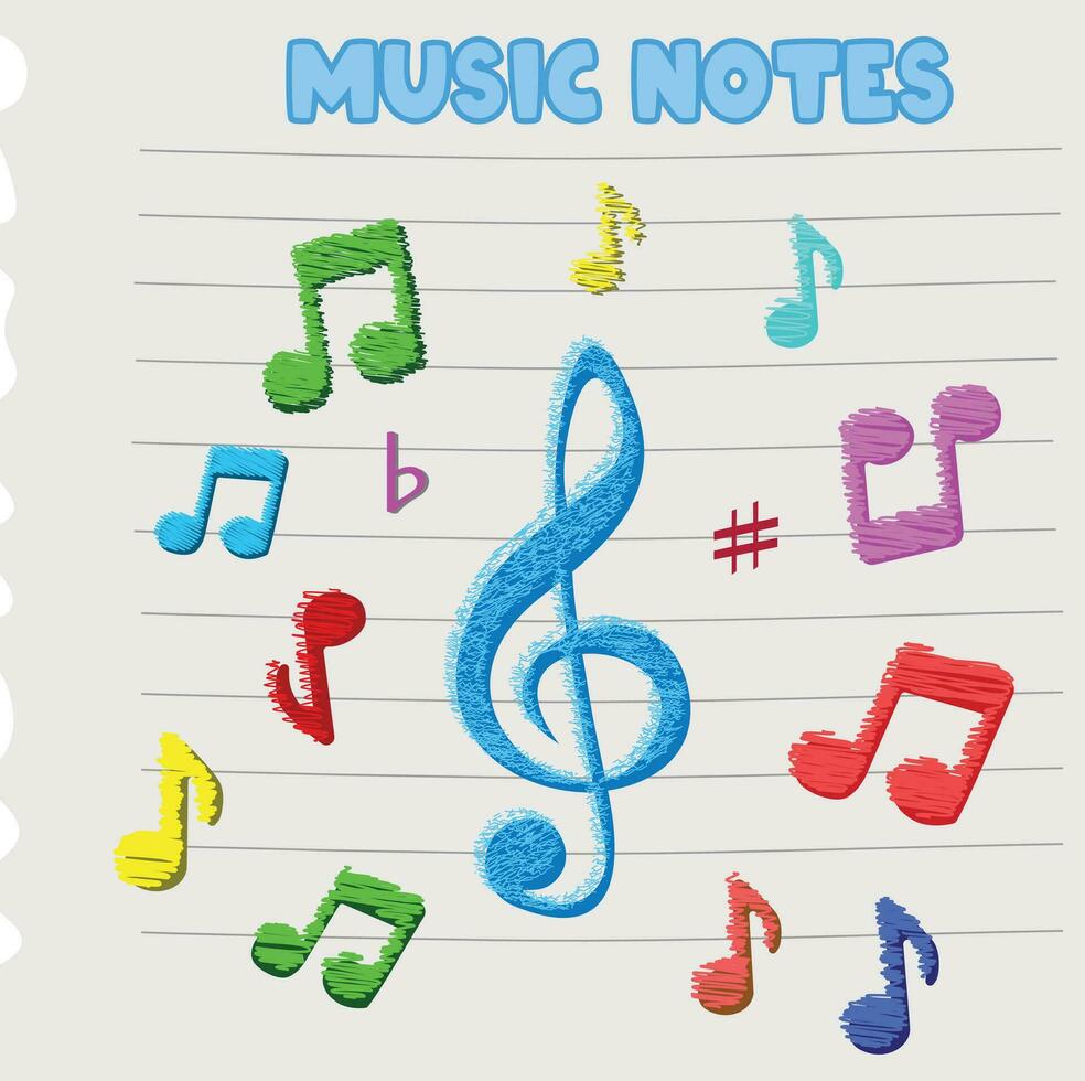 Music notes flat vector set isolated on black and white background. Song, melody or tune vector illustration. Music note icon for musical apps and websites. Music symbol. Music pentagram.