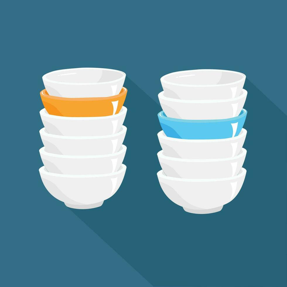 White and multicolor ceramic bowl stack vector illustration. Flat vector isolated on blue background. White bowl stack clipart, multicolor bowl stack clipart in cartoon style. Pile of bowl vector.