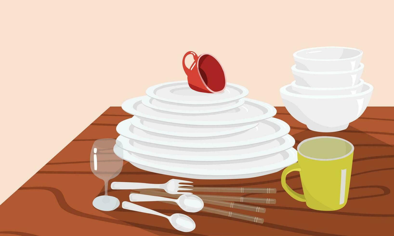 White ceramic bowl and plate stack on wood table vector set. Kitchen household concept. Pile of bowl and plate. Clean dishes vector set isolated. Pile of dishes. Dishes stack. White dishes.