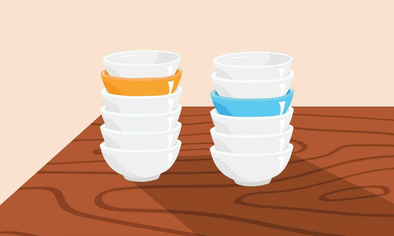 White and multicolor ceramic bowl stack on wood table vector illustration. Flat vector isolated. White bowl stack clipart, multicolor bowl stack clipart in cartoon style. Pile of bowl vector.