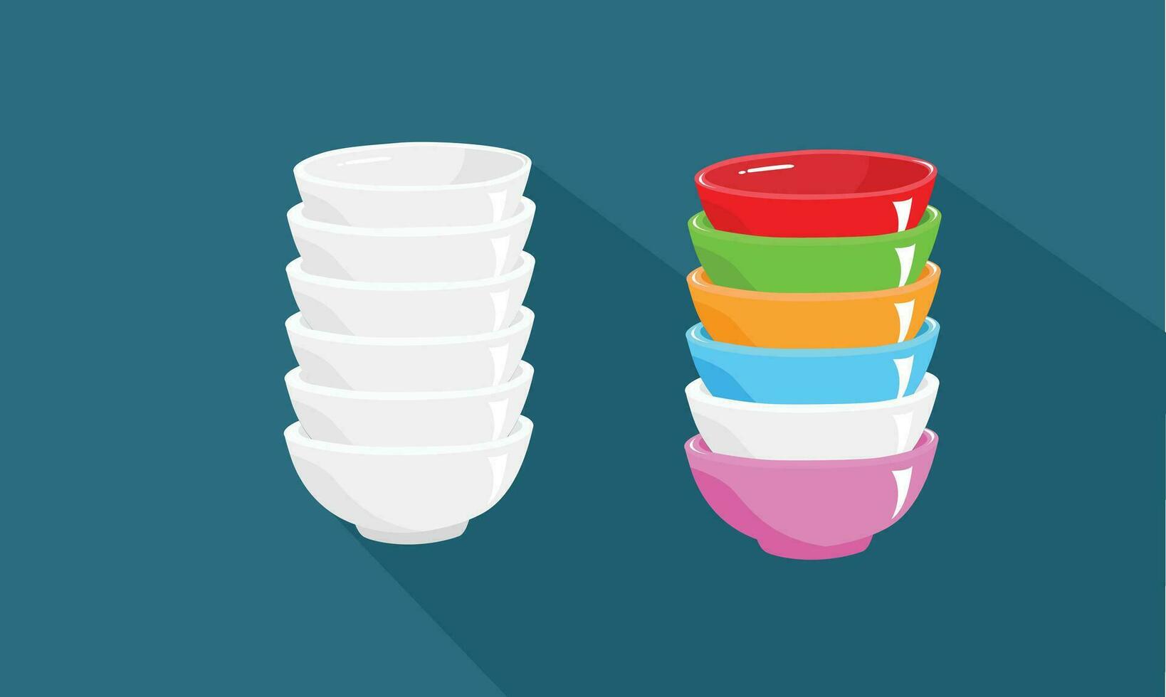 White and multicolor ceramic bowl stack vector illustration. Flat vector isolated on blue background. White bowl stack, multicolor bowl stack clipart in cartoon style. Pile of bowl vector.Crockery set