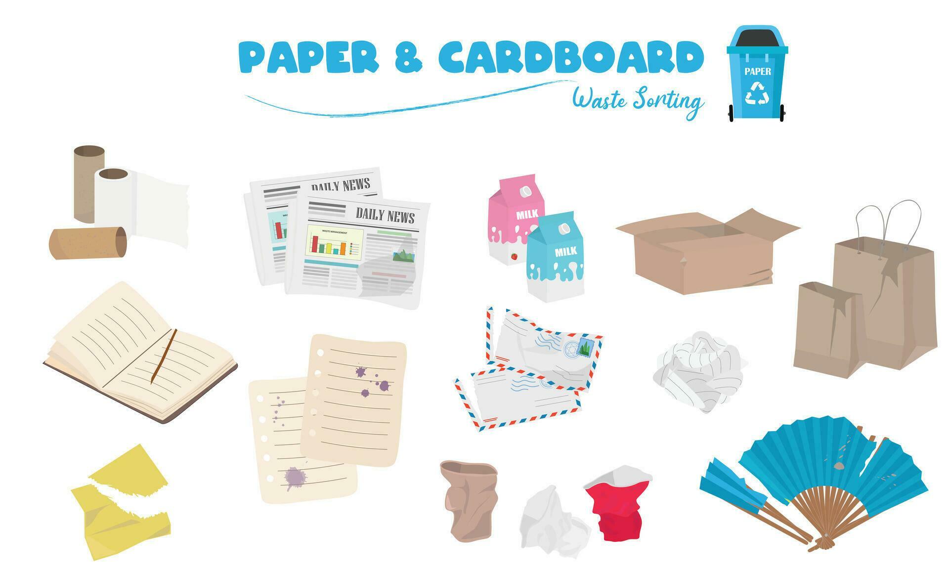 Paper waste vector set isolated on white background. Newspapers, boxes