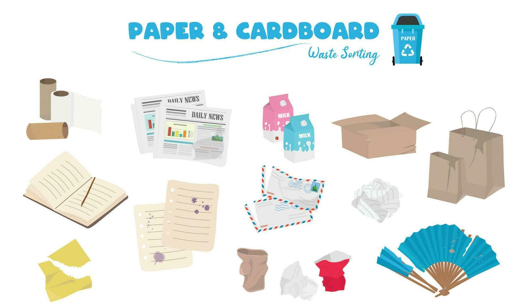 papel residuos vector conjunto aislado en blanco antecedentes. periódicos, cajas, cuadernos, mano admirador, papel taza. colección de reciclado papel productos reciclable papel basura vector ilustración. dibujos animados estilo