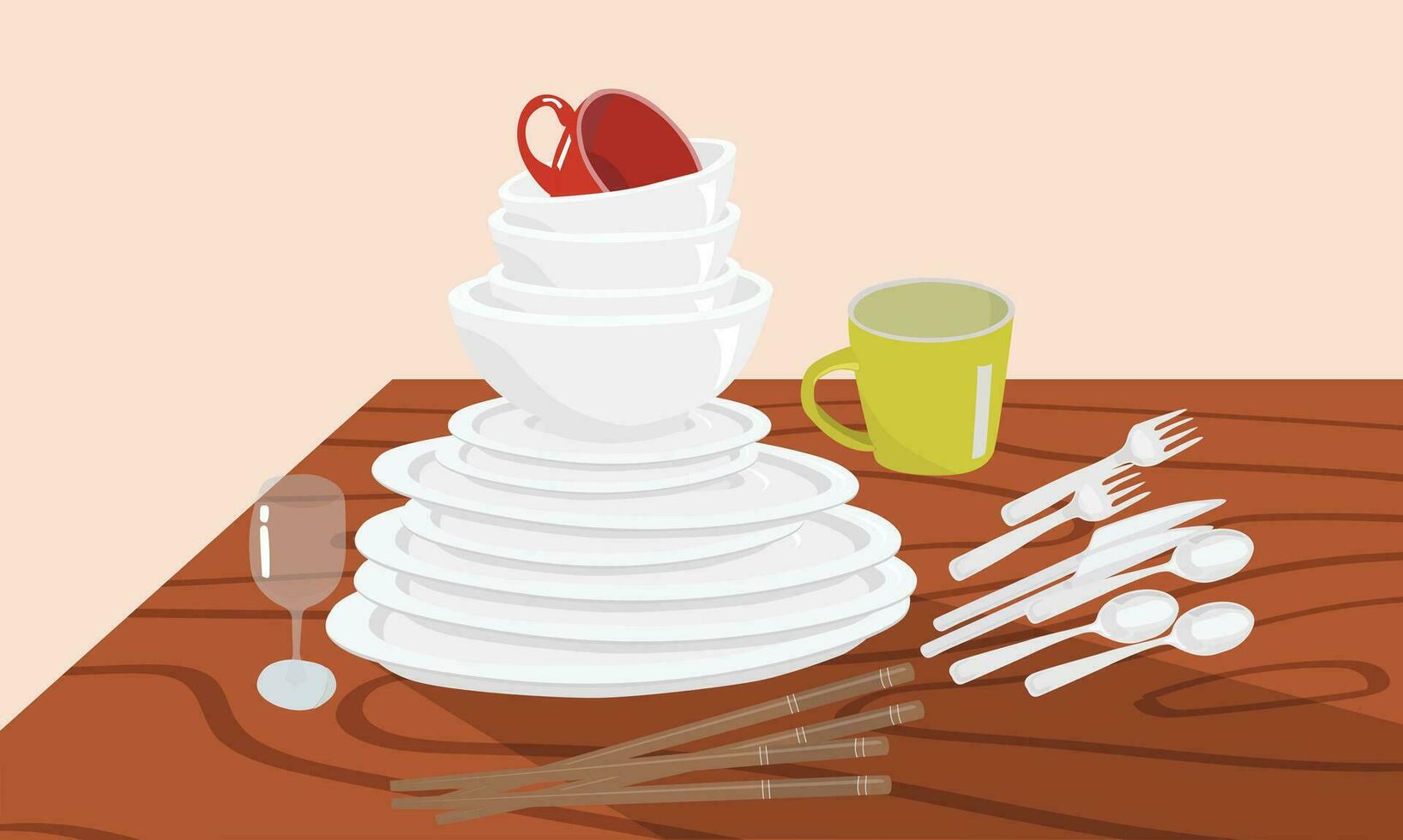 White ceramic bowl and plate stack on wood table vector set. Kitchen household concept. Pile of bowl and plate. Clean dishes vector set isolated. Pile of dishes. Dishes stack. White dishes.