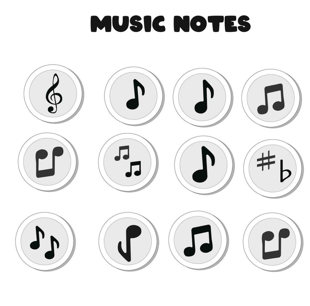 Music notes flat vector set isolated on black and white background. Song, melody or tune vector illustration. Music note icon for musical apps and websites. Music symbol. Music pentagram.