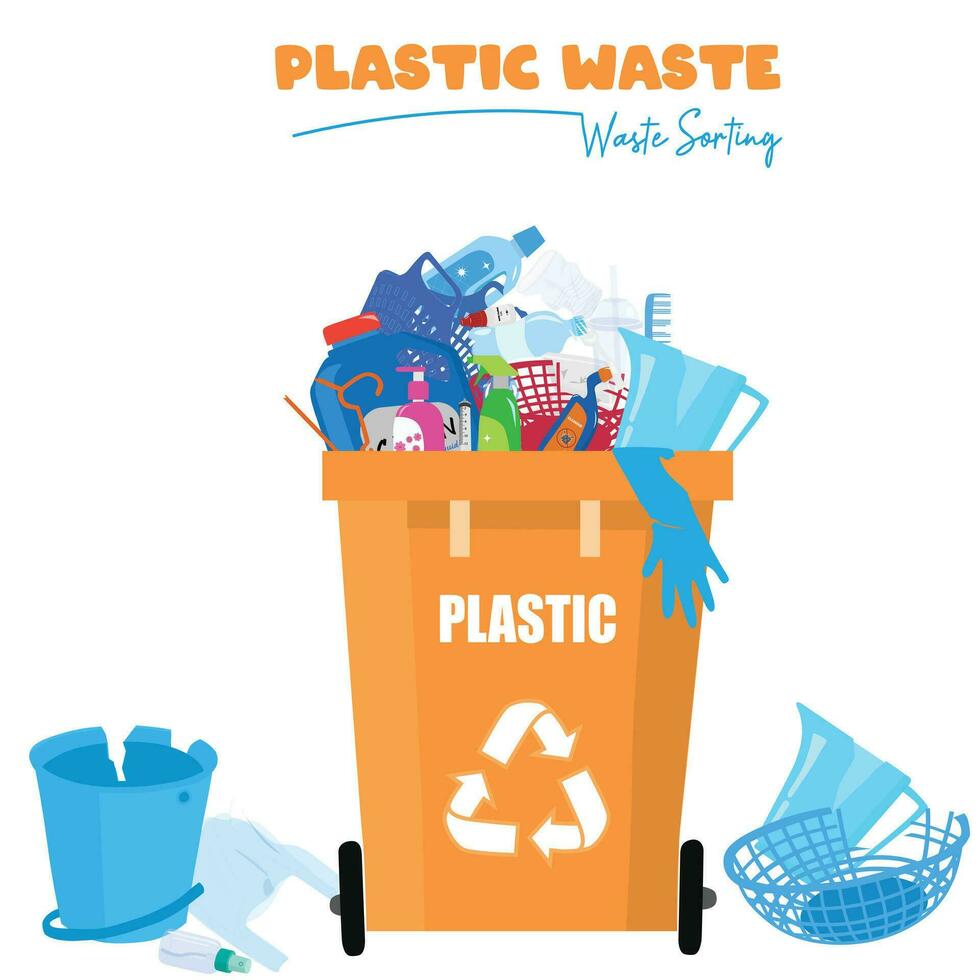 Plastic waste vector set. Plastic garbage vector set. Waste sorting concept. Plastic products. Flat vector in cartoon style isolated on white background. trash