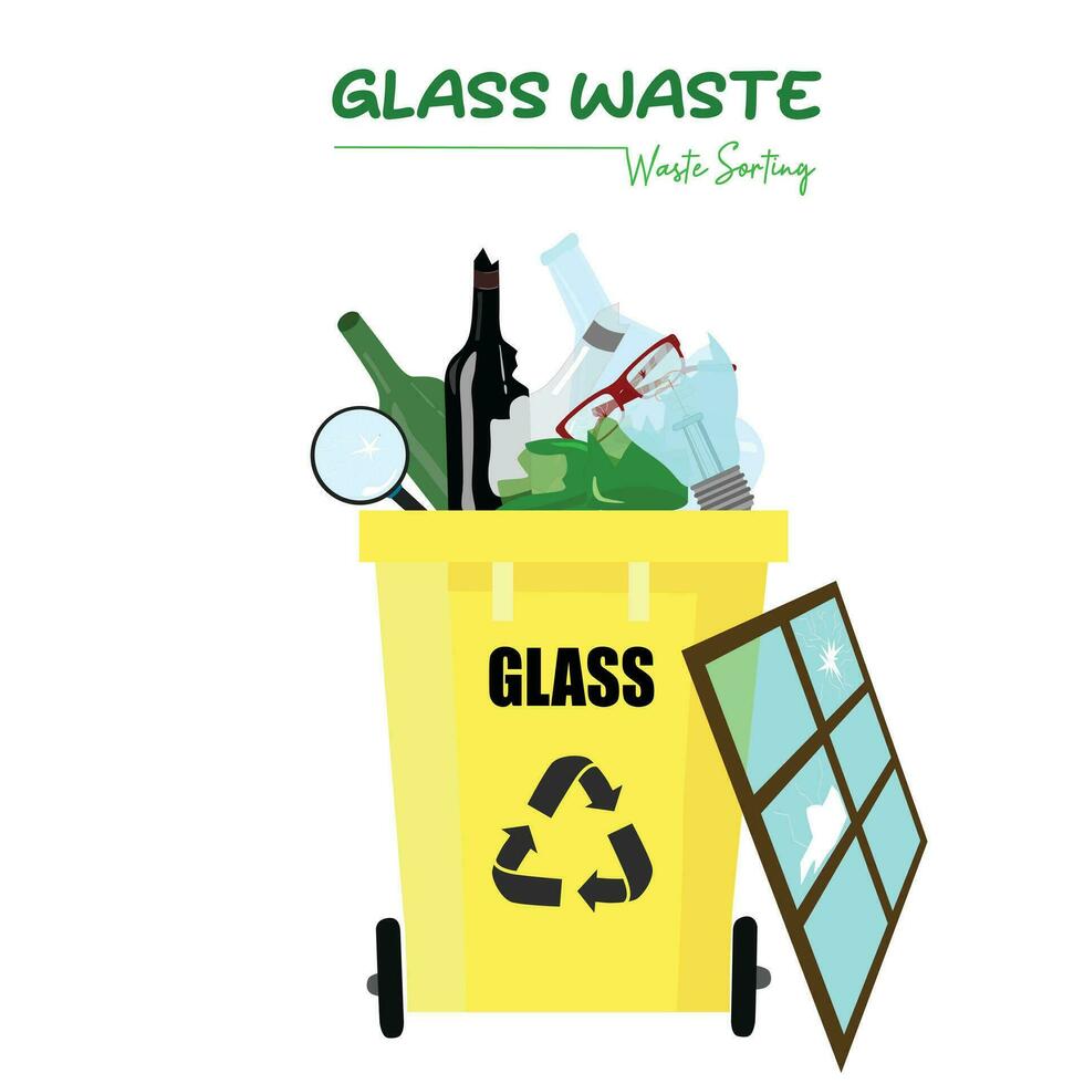 Glass waste vector set isolated on white background. Collection of recycled glass products. Recyclable glass garbage trash vector illustration. Cartoon style.