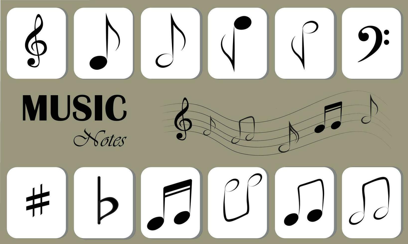Music notes flat vector set isolated on black and white background. Song, melody or tune vector illustration. Music note icon for musical apps and websites. Music symbol. Music pentagram.