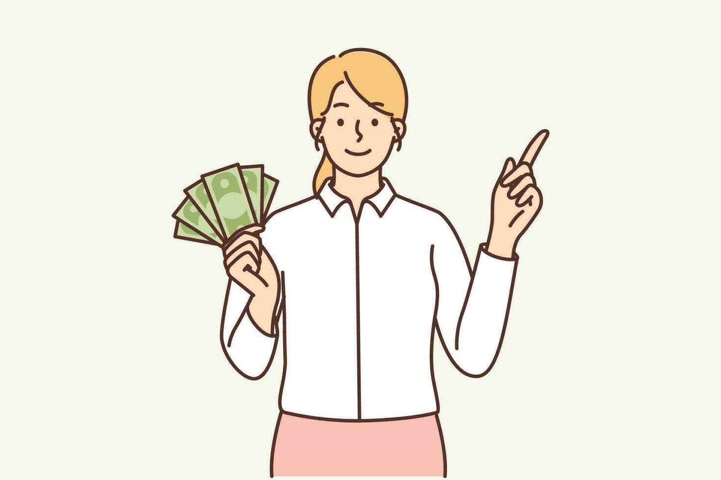 Woman with banknotes of cash in hands points finger to side offering to attend training seminar by business trainer or specialist coach. Woman advertises moneymaking strategy or boasts of income vector